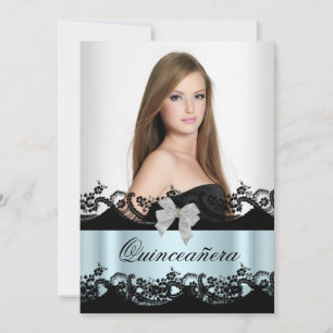 Quinceanera 15th Teal Black White Lace Photo Invitation