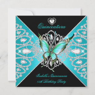 Quinceanera 15th Teal Blue Black Butterfly Tiara Invitation