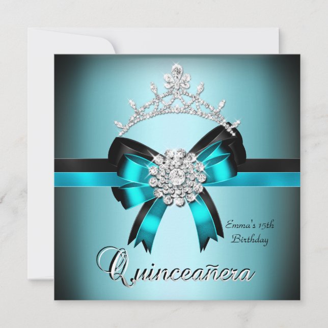 Quinceanera 15th Teal Blue Black Silver Bow Invitation (Front)