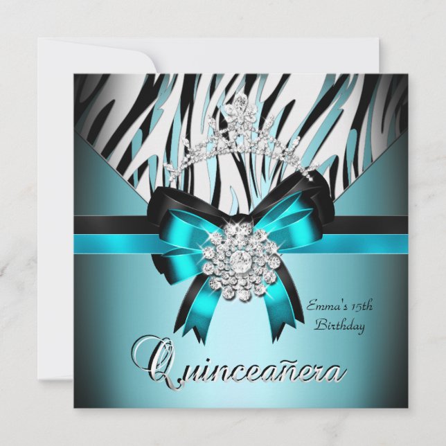 Quinceanera 15th Teal Blue Black Zebra Silver Bow Invitation (Front)