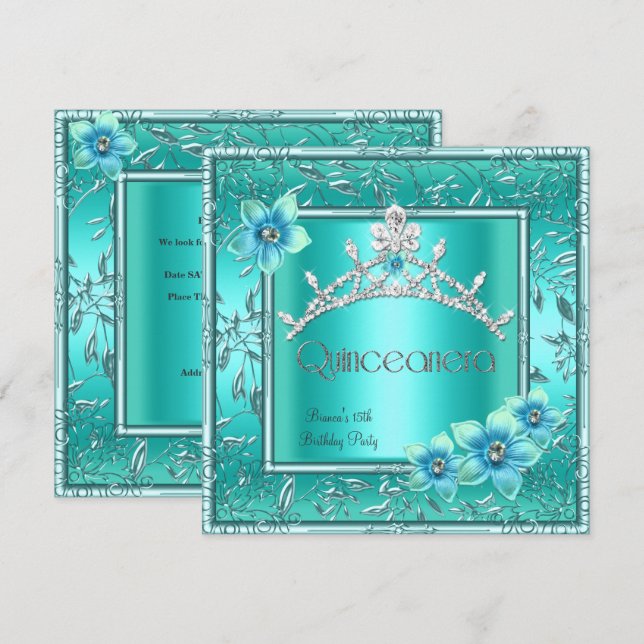 Quinceanera 15th Teal Blue Flower Silver Tiara Invitation (Front/Back)