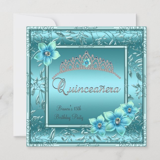 Quinceañera 15th Teal Blue Flower Silver Tiara Invitation (Front)