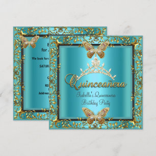 Quinceañera 15th Teal Blue Gold Butterfly Invitation
