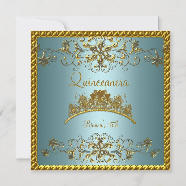 Quinceanera 15th Teal Blue Gold Tiara Invitation (Front)