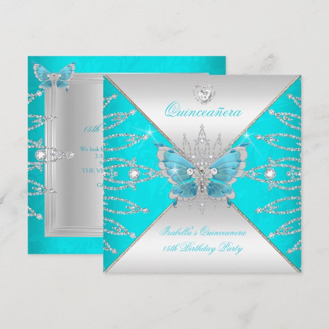 Quinceanera 15th Teal Blue Silver Butterfly Tiara Invitation (Front/Back)