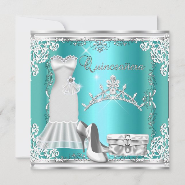 Quinceanera 15th Teal Blue Silver Diamond Tiara Invitation (Front)
