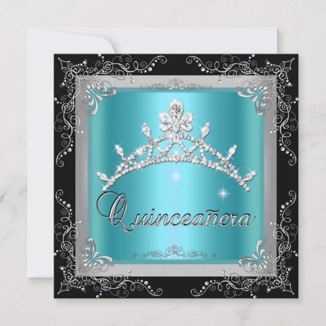 Quinceanera 15th Teal Blue Silver Tiara Black Invitation (Front)