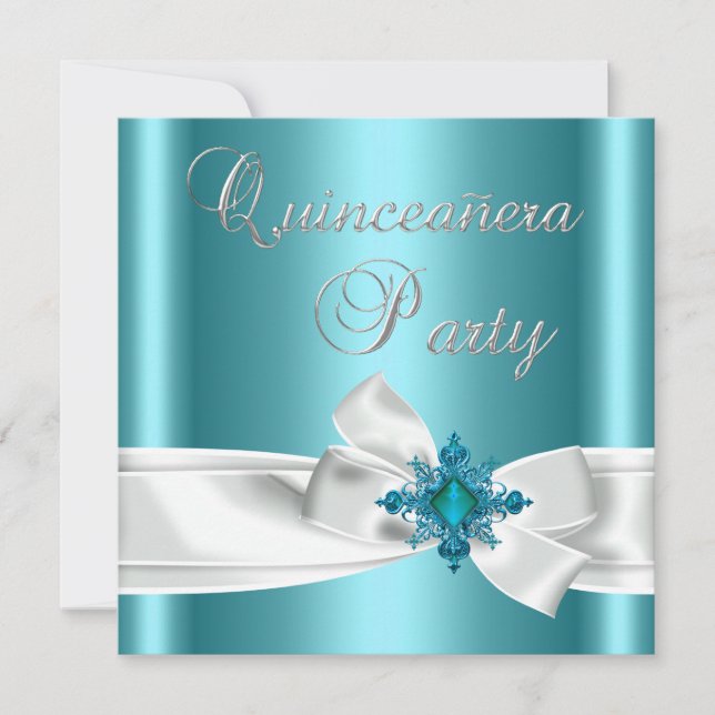 Quinceanera 15th Teal Blue Silver White Bow Invitation (Front)