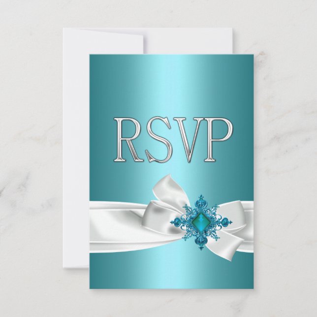 Quinceanera 15th Teal Blue Silver White Bow RSVP Invitation (Front)