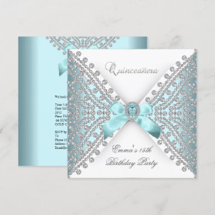 Quinceanera 15th Teal Blue White Faux Diamond Invitation