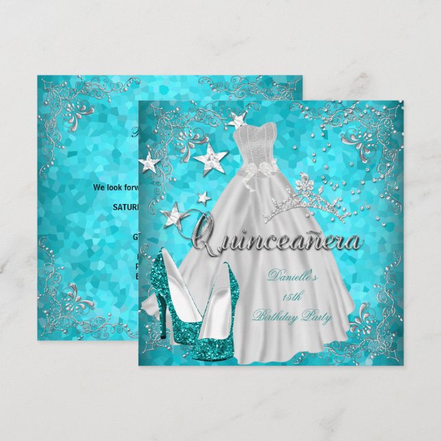 Quinceanera 15th Teal Shimmer Glitter Invitation (Front/Back)