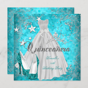 Quinceanera 15th Teal Shimmer Glitter Invitation