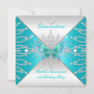 Quinceanera 15th Teal Silver Butterfly Tiara 3 Invitation