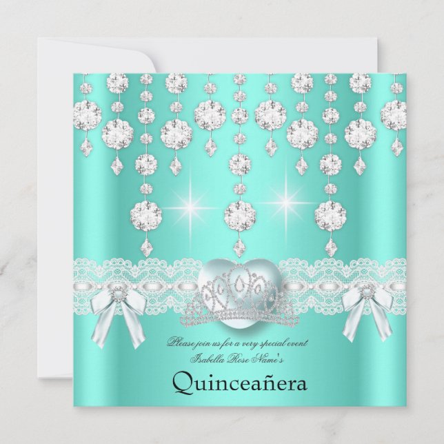 Quinceanera 15th Teal Silver Heart Diamonds Invitation (Front)