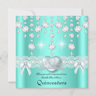 Quinceanera 15th Teal Silver Heart Diamonds Invitation