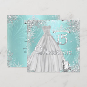 Quinceanera 15th Teal Silver Snowflakes Party Invitation