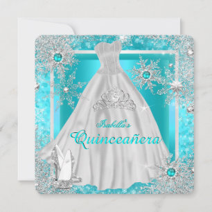 Quinceanera 15th Teal Winter Wonderland Snowflakes Invitation