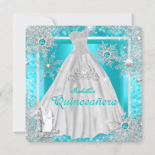 Quinceanera 15th Teal Winter Wonderland Snowflakes Invitation