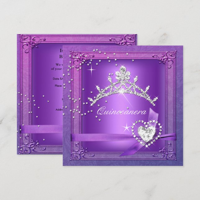 Quinceanera 15th Tiara Purple 15 Birthday Party Invitation (Front/Back)