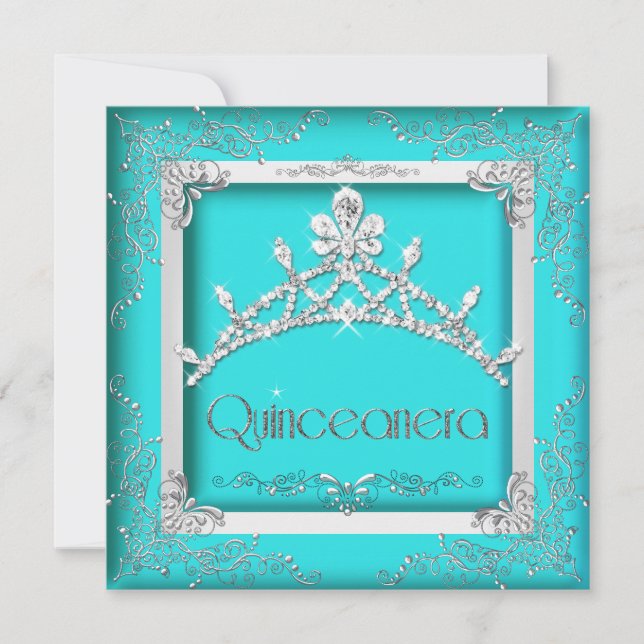 Quinceanera 15th Turquoise Silver Tiara 15 Party Invitation (Front)