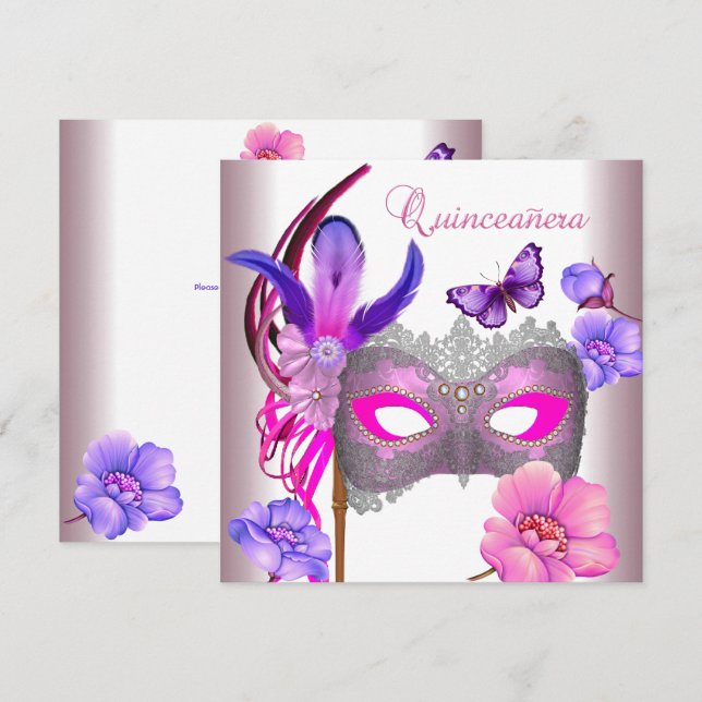 Quinceanera 15th White Pink  Purple Mask Invitation (Front/Back)