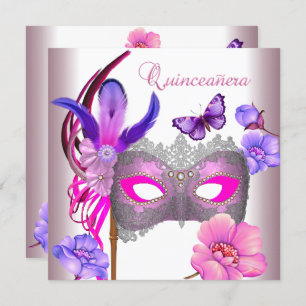 Quinceanera 15th White Pink Purple Mask Invitation
