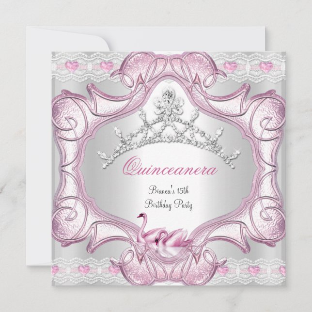 Quinceanera 15th White Pink Swans Tiara Invitation (Front)