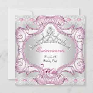 Quinceanera 15th White Pink Swans Tiara Invitation