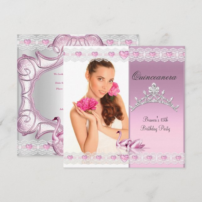Quinceanera 15th White Pink Swans Tiara Photo Invitation (Front/Back)