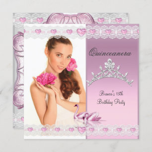 Quinceanera 15th White Pink Swans Tiara Photo Invitation