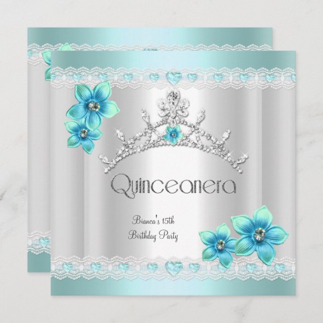 Quinceanera 15th White Teal Blue Silver Tiara Invitation (Front/Back)