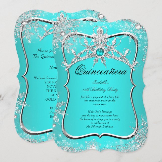 Quinceanera 15th Winter Wonderland Aqua Pearl Invitation (Front/Back)