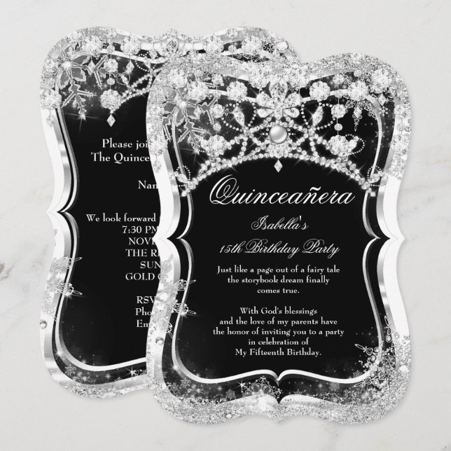 Quinceanera 15th Winter Wonderland Black Silver Invitation (Front/Back)