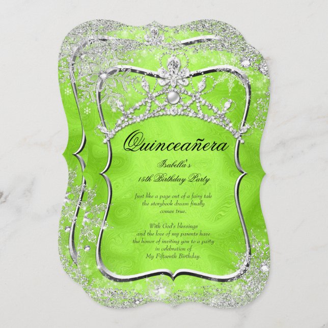 Quinceanera 15th Winter Wonderland Lime Green Invitation (Front/Back)