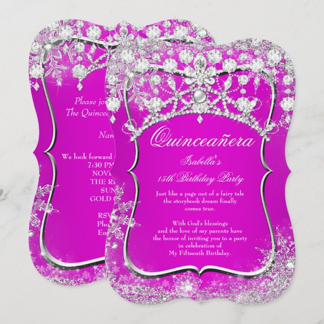 Quinceanera 15th Winter Wonderland Magenta Pink Invitation (Front/Back)