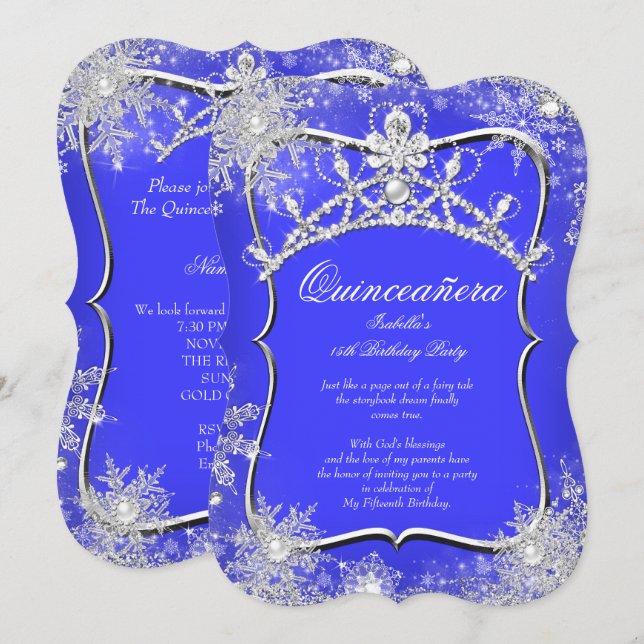 Quinceanera 15th Winter Wonderland Royal Blue Invitation (Front/Back)