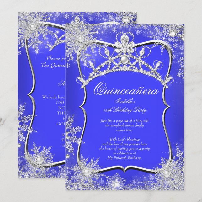 Quinceanera 15th Winter Wonderland Royal Blue Invitation (Front/Back)