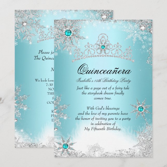Quinceanera 15th Winter Wonderland Silver Blue 2 Invitation (Front/Back)