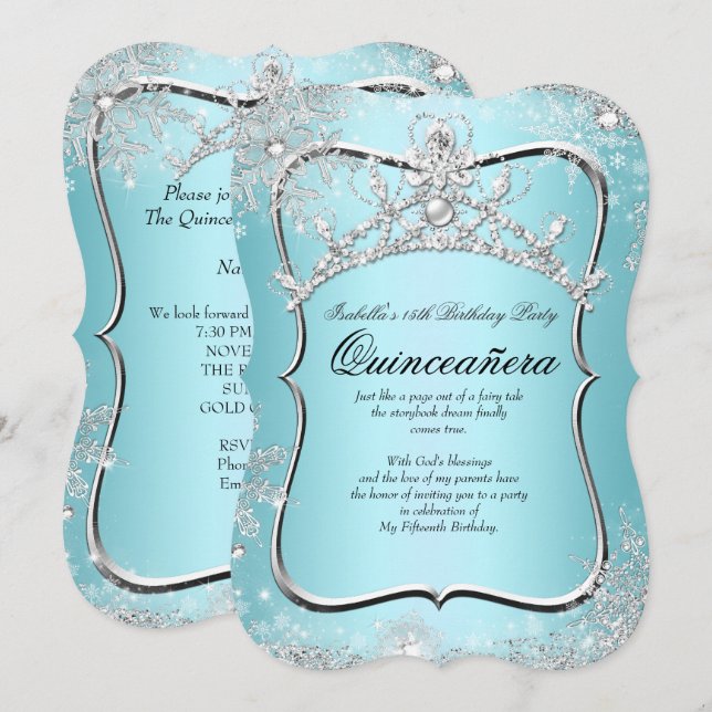 Quinceanera 15th Winter Wonderland Silver Blue Invitation (Front/Back)