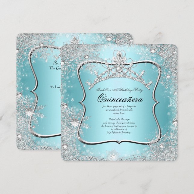 Quinceanera 15th Winter Wonderland Silver Blue Invitation (Front/Back)