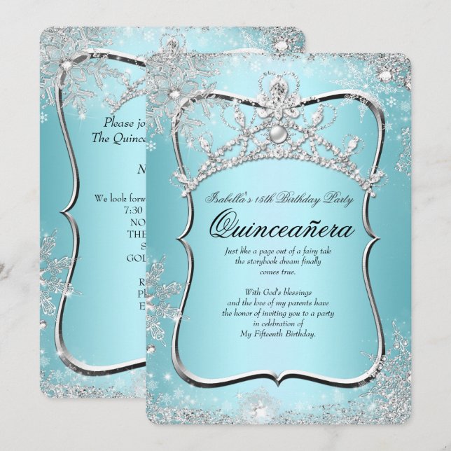 Quinceanera 15th Winter Wonderland Silver Blue Invitation (Front/Back)