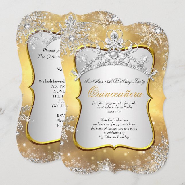 Quinceanera 15th Winter Wonderland Silver Gold Invitation (Front/Back)