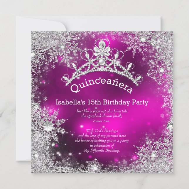 Quinceanera 15th Winter Wonderland Silver Pink Invitation (Front)