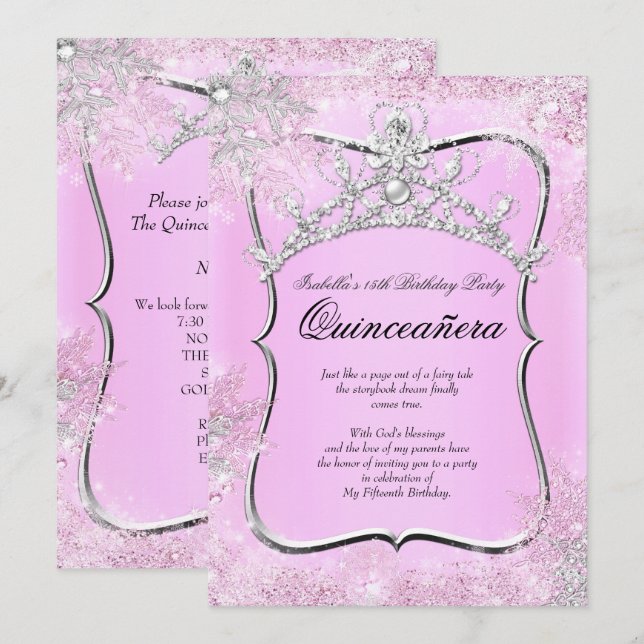 Quinceanera 15th Winter Wonderland Silver Pink Invitation (Front/Back)