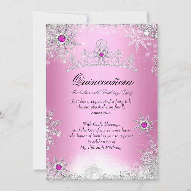 Quinceanera 15th Winter Wonderland Silver Pink Invitation (Front)