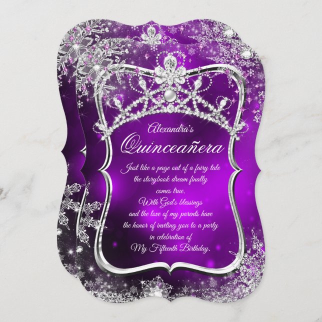Quinceanera 15th Winter Wonderland Silver Purple Invitation (Front/Back)