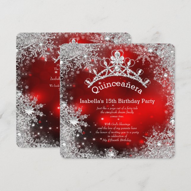 Quinceanera 15th Winter Wonderland Silver Red Invitation (Front/Back)