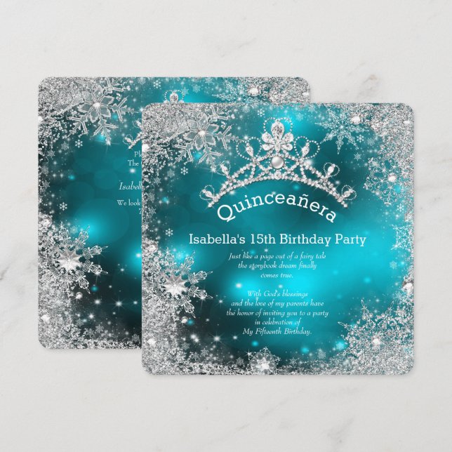 Quinceanera 15th Winter Wonderland Silver Teal Invitation (Front/Back)
