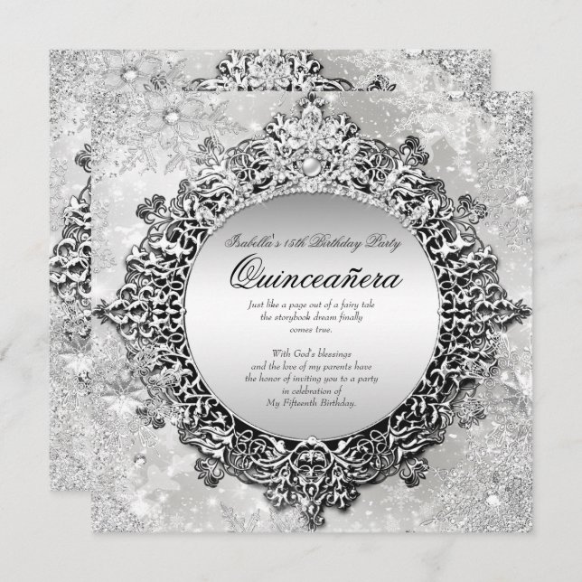 Quinceanera 15th Winter Wonderland Silver White Invitation (Front/Back)