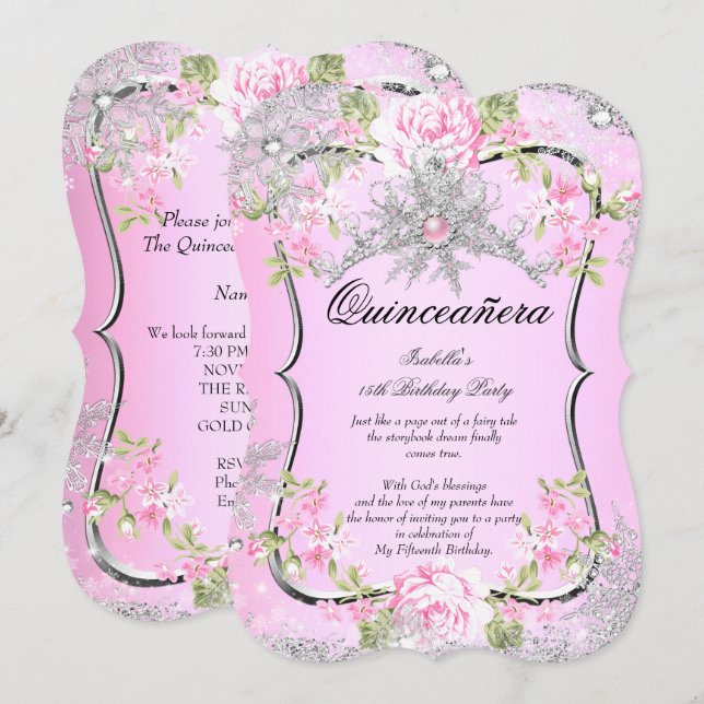 Quinceanera 15th Winter Wonderland Sweet Pink Invitation (Front/Back)